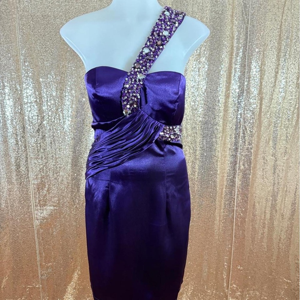 Poly USA Purple One Shoulder Embellished Satin Formal HoCo Dress NWT/Sizes S-M-L